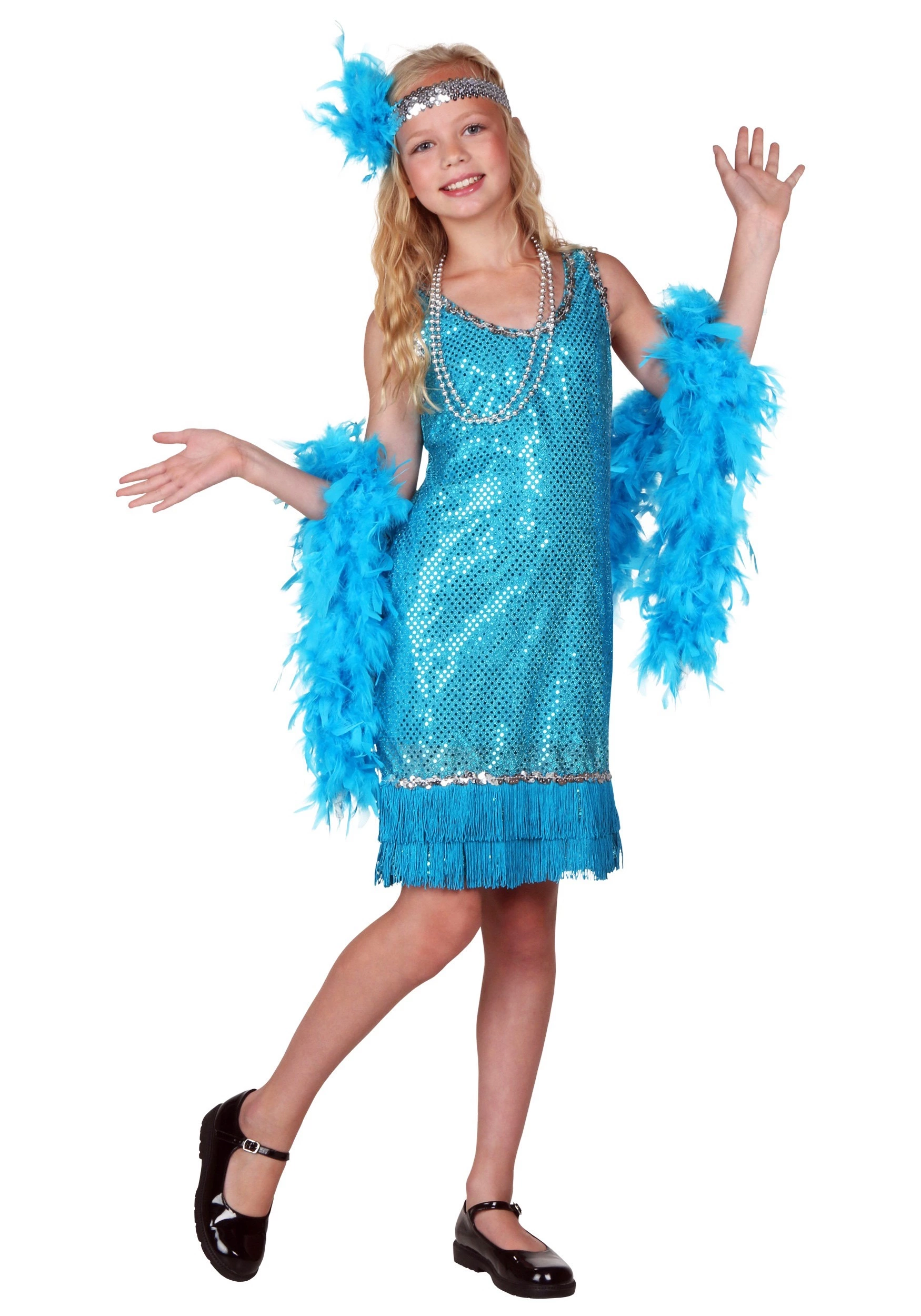 Fun Costumes Kid's Turquoise Sequin And Fringe Flapper Costume 1 Fun Costumes Kid's Turquoise Sequin And Fringe Flapper Costume