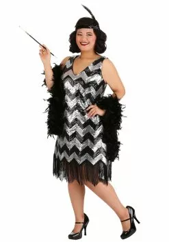 Fun Costumes Plus Size Fringe Silver And Black Flapper Dress