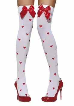 Smiffys Womens Hearts And Bows Thigh Highs -Cheap Holiday Costumes Store womens white with red bow and heart print thigh hi alt 4
